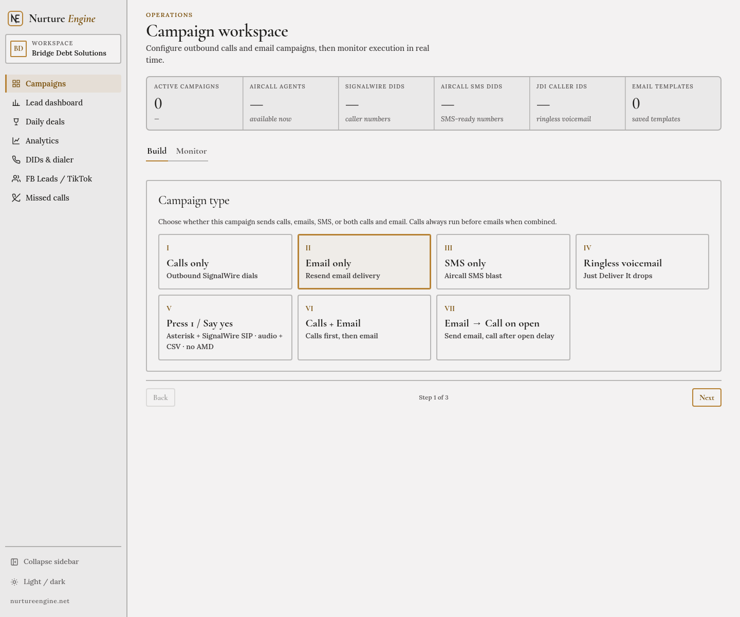 Campaigns in the Nurture Engine outreach console